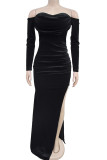 Green Elegant Solid Color Patchwork High Slit Off Shoulder Long Dresses