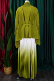 Green Yellow Casual Gradient Patchwork Strap Design Cardigan Collar Long Sleeve Two Pieces