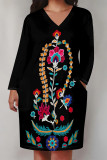 Red Casual Daily National Totem Floral Print Pocket Contrast V Neck Printed Plus Size Dresses