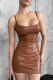 Brown Sexy Solid Color Patchwork Backless Spaghetti Strap Sling Dresses