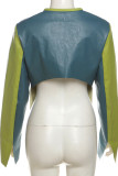 Green Casual Patchwork Zipper Contrast Zipper Collar Outerwear