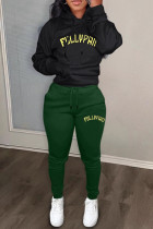 Black Green Casual Letters Draw String Pocket Patchwork Hooded Long Sleeve Two Pieces