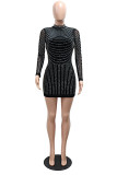 Black Sexy Solid Color Backless Hot Drill Half A Turtleneck Wrapped Skirt Dresses