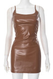 Brown Sexy Solid Color Patchwork Backless Spaghetti Strap Sling Dresses