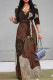 Brown Casual Street Letter Print Lace Up Contrast V Neck Printed Dresses