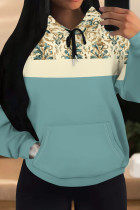 Cyan Casual Print Draw String Pocket Patchwork Hooded Tops