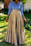 Blue Elegant Stripe Buckle Patchwork Turndown Collar Long Sleeve Two Pieces