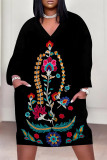 Red Casual Daily National Totem Floral Print Pocket Contrast V Neck Printed Plus Size Dresses