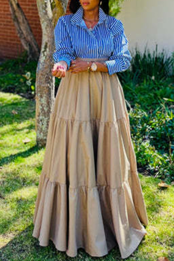 Blue Elegant Stripe Buckle Patchwork Turndown Collar Long Sleeve Two Pieces