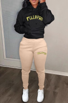 Khaki Casual Letters Draw String Pocket Patchwork Hooded Long Sleeve Two Pieces