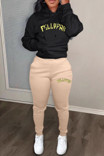 Khaki Casual Letters Draw String Pocket Patchwork Hooded Long Sleeve Two Pieces
