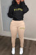 Khaki Casual Letters Draw String Pocket Patchwork Hooded Long Sleeve Two Pieces