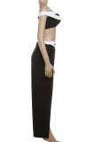 Black Casual Patchwork High Slit Contrast Off Shoulder Two Pieces