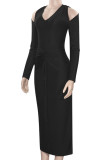 Black Elegant Solid Color Hollow Out Patchwork Deep V Neck Long Dresses
