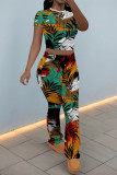 Black Casual Flowers Print Contrast O Neck Sleeveless Two Pieces