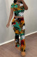 Green Casual Flowers Print Contrast O Neck Sleeveless Two Pieces