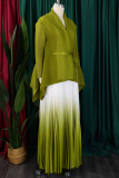 Green Yellow Casual Gradient Patchwork Strap Design Cardigan Collar Long Sleeve Two Pieces