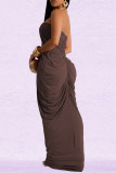 Coffee Casual Solid Color Patchwork Backless Ruched Strapless Long Dresses
