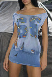 Blue Sexy Print Ripped Patchwork Oblique Collar Irregular Dresses