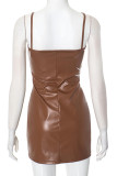 Brown Sexy Solid Color Patchwork Backless Spaghetti Strap Sling Dresses