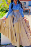 Blue Elegant Stripe Buckle Patchwork Turndown Collar Long Sleeve Two Pieces