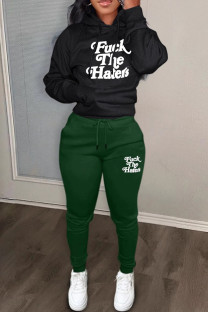 Black Green Casual Letters Pocket Patchwork Hooded Long Sleeve Two Pieces