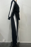 Black Casual Patchwork Contrast O Neck Long Sleeve Two Pieces
