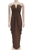 Coffee Casual Solid Color Patchwork Backless Ruched Strapless Long Dresses