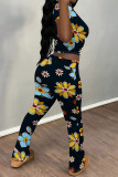 Black Casual Flowers Print Contrast O Neck Sleeveless Two Pieces