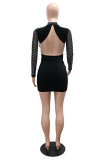 Black Sexy Solid Color Backless Hot Drill Half A Turtleneck Wrapped Skirt Dresses
