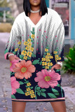 Red Casual Daily National Totem Floral Print Pocket Contrast V Neck Printed Plus Size Dresses