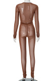 Brown Casual Solid Color Patchwork See-Through O Neck Long Sleeve Two Pieces