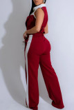 Red Casual Pocket Buckle Patchwork Contrast Turndown Collar Two Pieces
