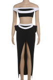 Black Casual Patchwork High Slit Contrast Off Shoulder Two Pieces