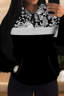 Black Casual Print Draw String Pocket Patchwork Hooded Tops