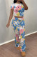 White Blue Casual Flowers Print Contrast O Neck Sleeveless Two Pieces