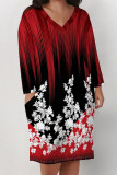 Red Casual Daily National Totem Floral Print Pocket Contrast V Neck Printed Plus Size Dresses