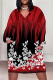 Red Casual Daily National Totem Floral Print Pocket Contrast V Neck Printed Plus Size Dresses