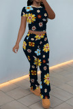 Black Casual Flowers Print Contrast O Neck Sleeveless Two Pieces