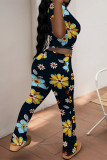 Black Casual Flowers Print Contrast O Neck Sleeveless Two Pieces