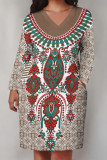 Red Casual Daily National Totem Floral Print Pocket Contrast V Neck Printed Plus Size Dresses