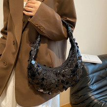 Black Daily Solid Color Sequins Zipper Bags