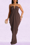 Coffee Casual Solid Color Patchwork Backless Ruched Strapless Long Dresses