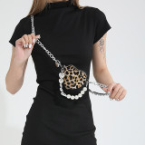 Brown Daily Leopard Print Chains Pearls Decor Zipper Bags