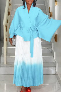 Lake Blue Casual Gradient Patchwork Strap Design Cardigan Collar Long Sleeve Two Pieces