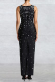 Black Elegant Solid Color Patchwork Hot Drill Zipper U Neck Long Dresses