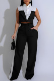 Red Casual Pocket Buckle Patchwork Contrast Turndown Collar Two Pieces