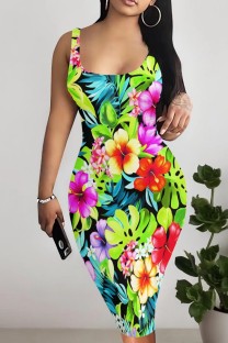 Green Casual Print Basic U Neck Vest Dresses