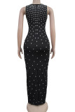 Black Elegant Solid Color Patchwork Hot Drill Zipper U Neck Long Dresses