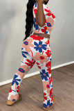 Black Casual Flowers Print Contrast O Neck Sleeveless Two Pieces